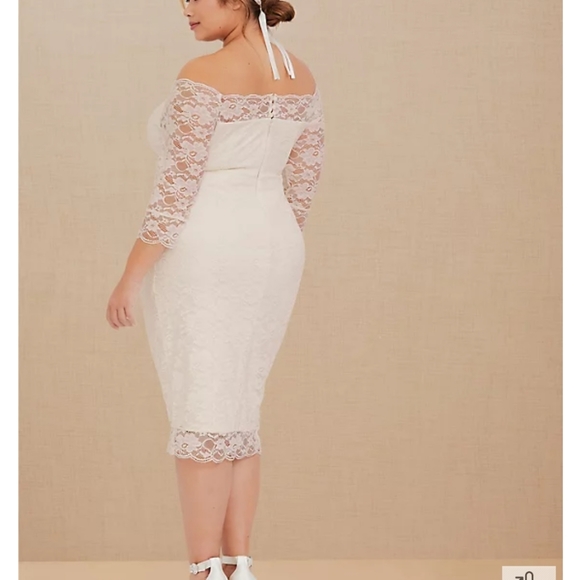 SPECIAL OCCASION IVORY LACE OFF SHOULDER BODYCON DRESS SIZE 18 - Picture 3 of 6